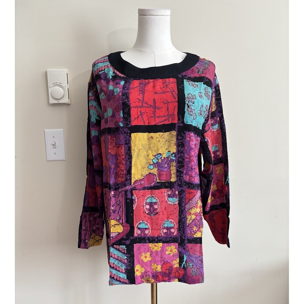 Carole Little Womens 4 Small Art Print Floral Top Colorful 90s Black Pink Purple